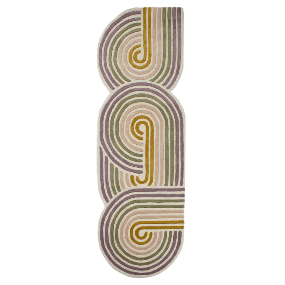 Tapis en laine de couloir verte, rose, jaune et violette 80x300cm