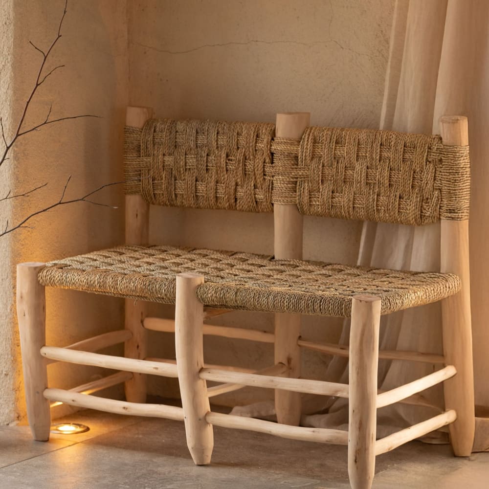 Double banquette marocaine tressage damier bois naturel 70 x 100