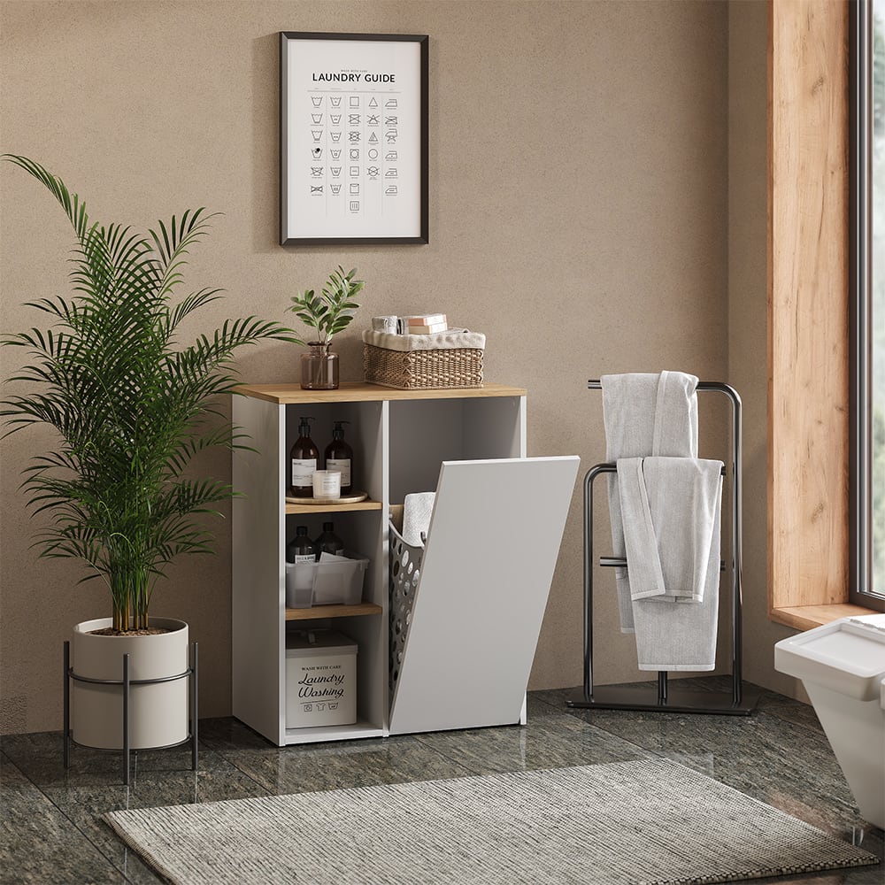 Badschrank mit offenen Regalen und Wäschekorb Weiß/Artisan