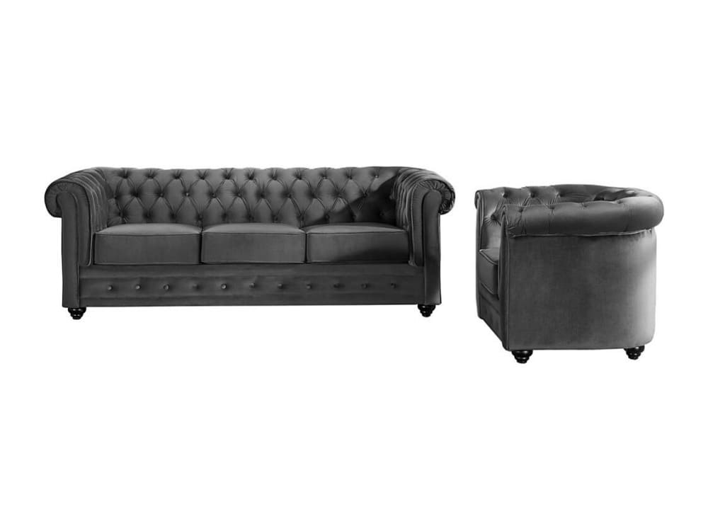 Ensemble canapé fauteuil fixe velours 4 places gris anthracite