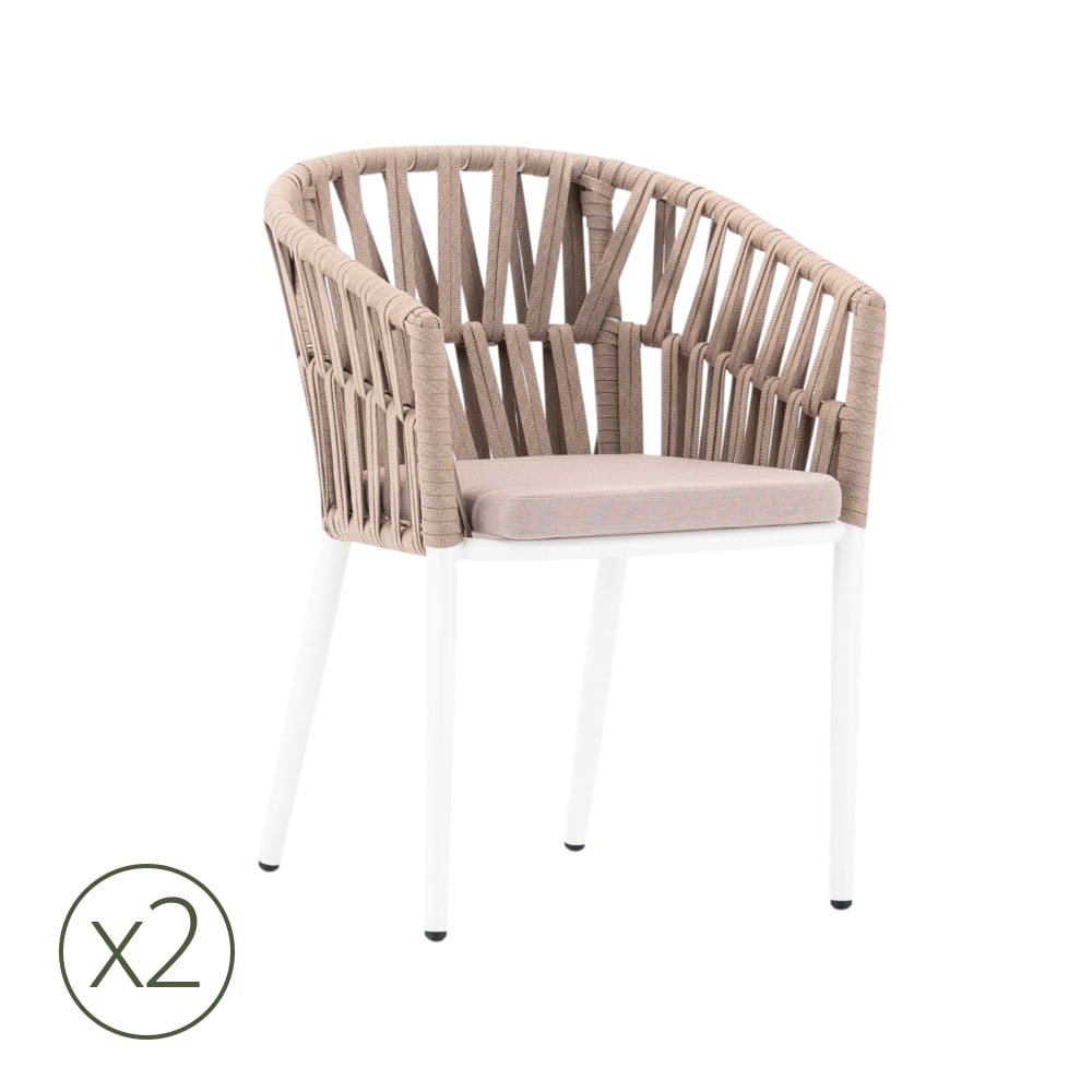 Lot de 2 chaises de jardin aluminium blanc et corde beige avec coussin