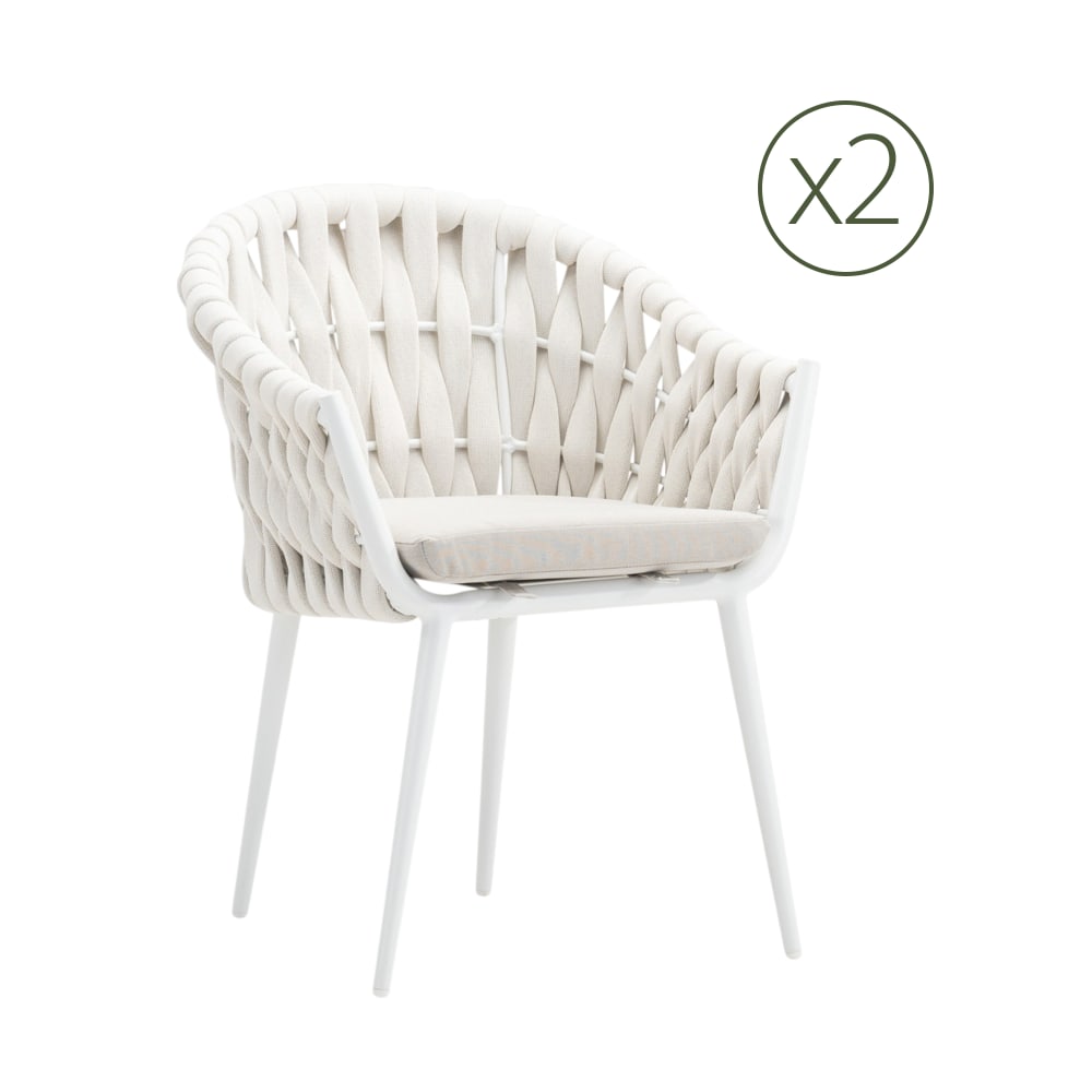 Lot de 2 chaises de jardin aluminium blanc et corde avec coussin