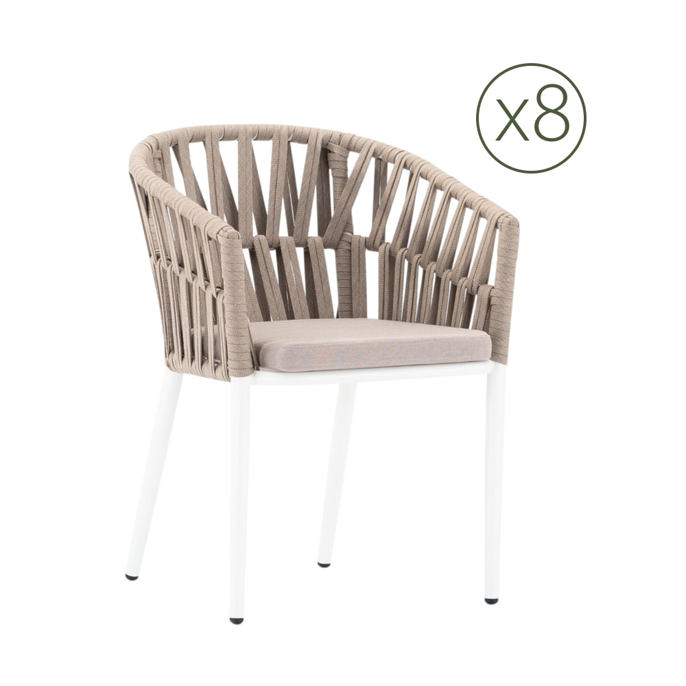 Lot de 8 chaises de jardin aluminium blanc et corde beige avec coussin