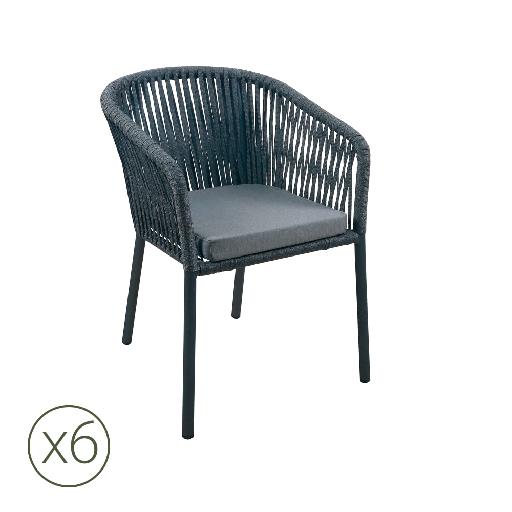 Lot de 6 chaises de jardin aluminium anthracite et corde avec coussin