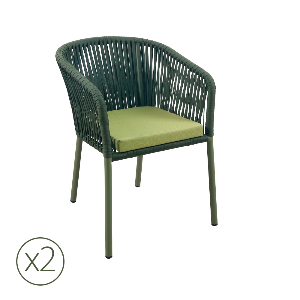 Lot de 2 chaises de jardin en aluminium vert et corde avec coussin