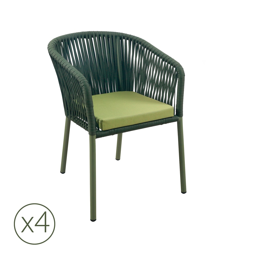 Lot de 4 chaises de jardin en aluminium vert et corde avec coussin
