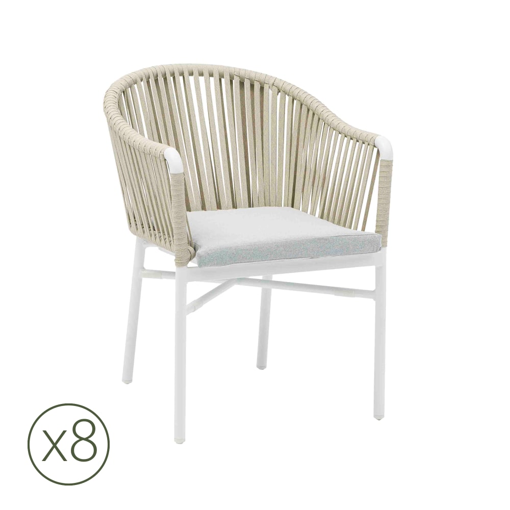 Lot de 8 chaises de jardin aluminium blanc et corde grise avec coussin