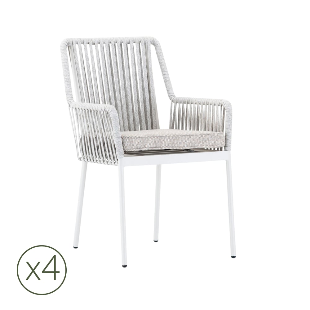 Lot de 4 chaises de jardin aluminium blanc et corde grise avec coussin