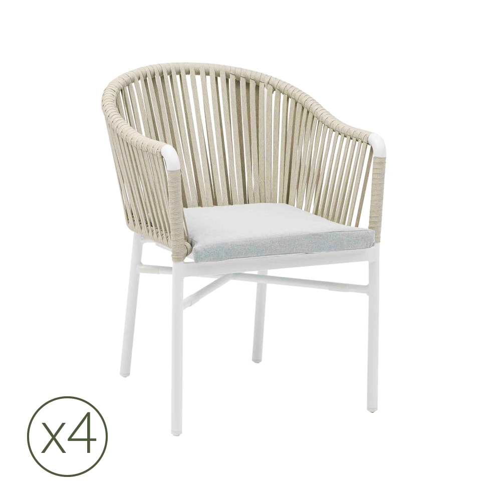 Lot de 4 chaises de jardin aluminium blanc et corde grise avec coussin