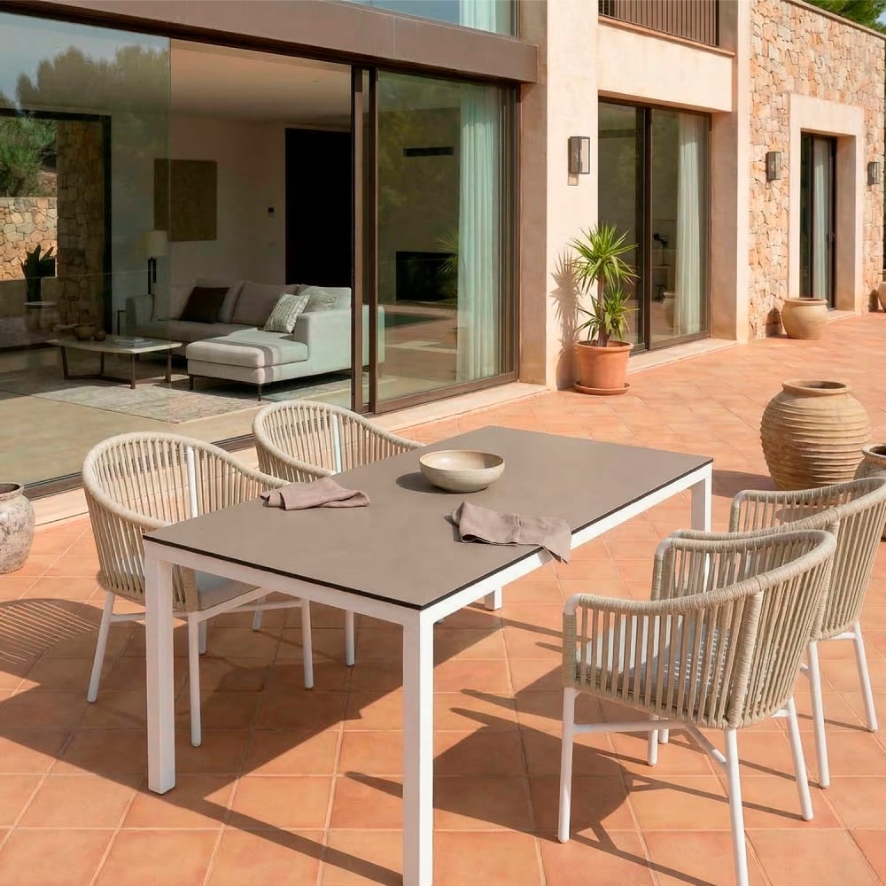 4er-Set Gartenstühle aus weißem Aluminium und grauem Seil mit