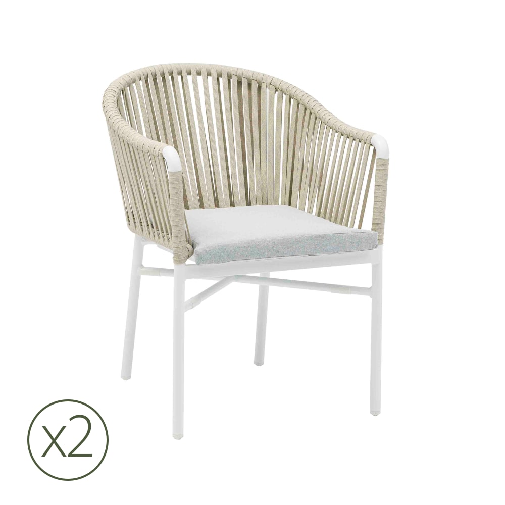 Lot de 2 chaises de jardin aluminium blanc et corde grise avec coussin