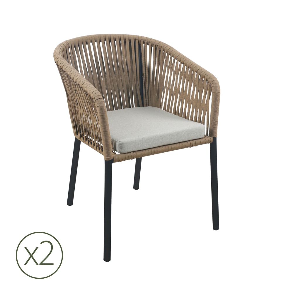 Lot de 2 chaises de jardin en aluminium noir et corde avec coussin
