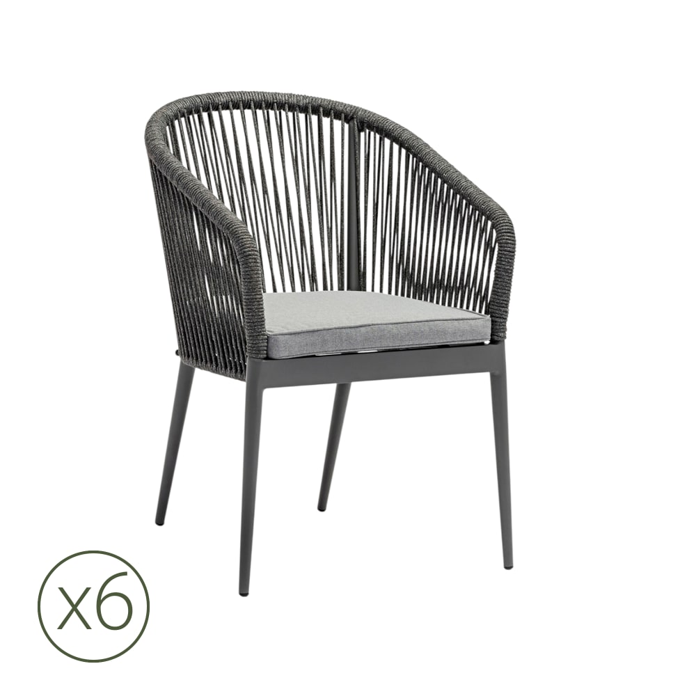 Lot de 6 chaises de jardin aluminium anthracite et corde avec coussin