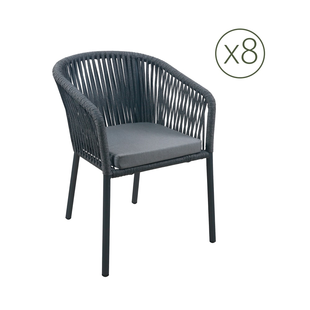 Lot de 8 chaises de jardin aluminium anthracite et corde avec coussin