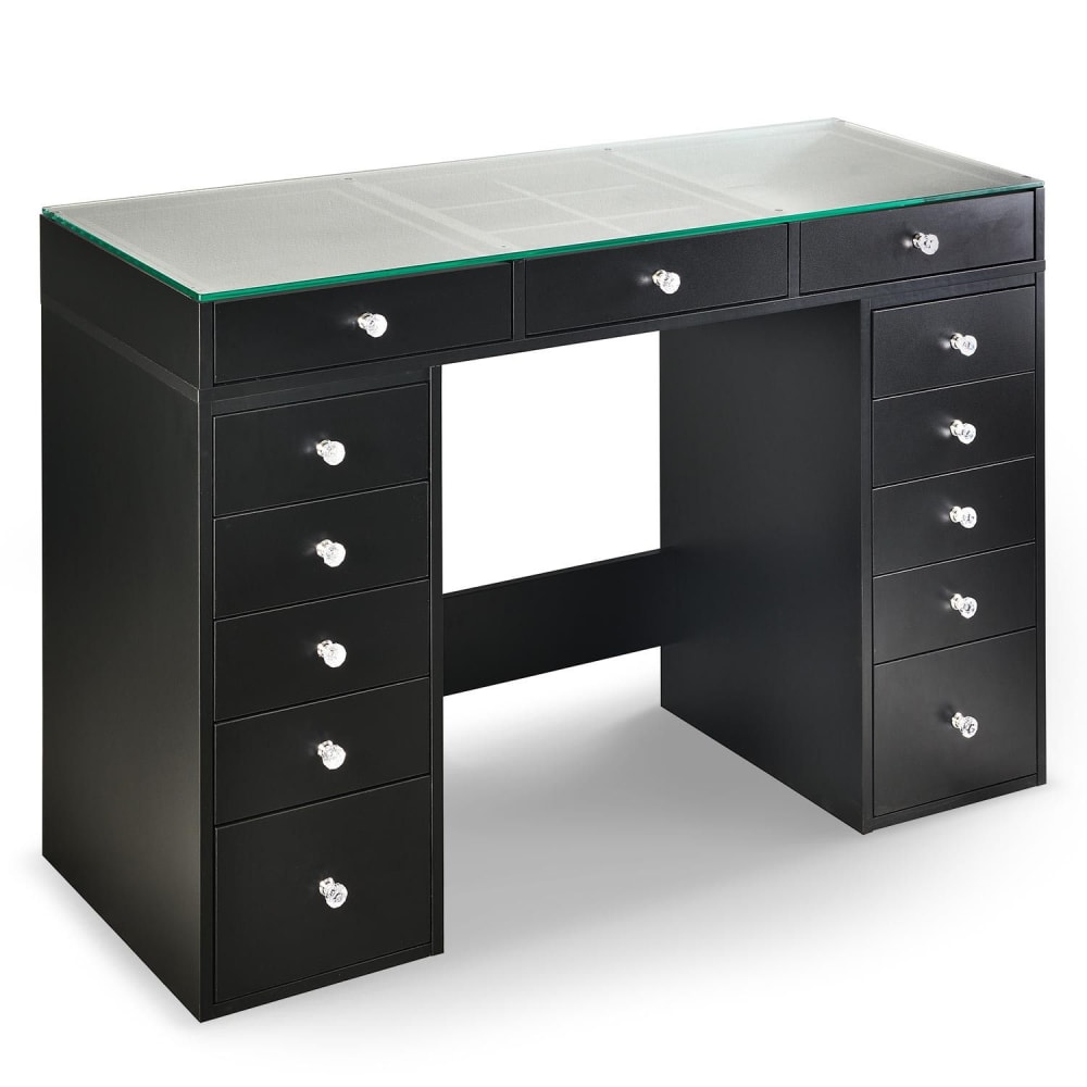 Coiffeuse moderne avec 13 tiroirs et plateau en verre transparent