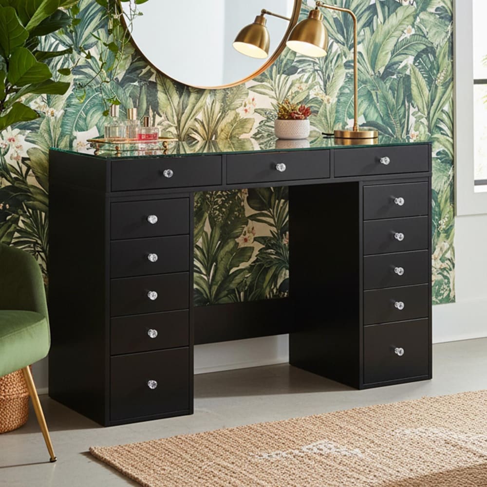 Coiffeuse moderne avec 13 tiroirs et plateau en verre transparent