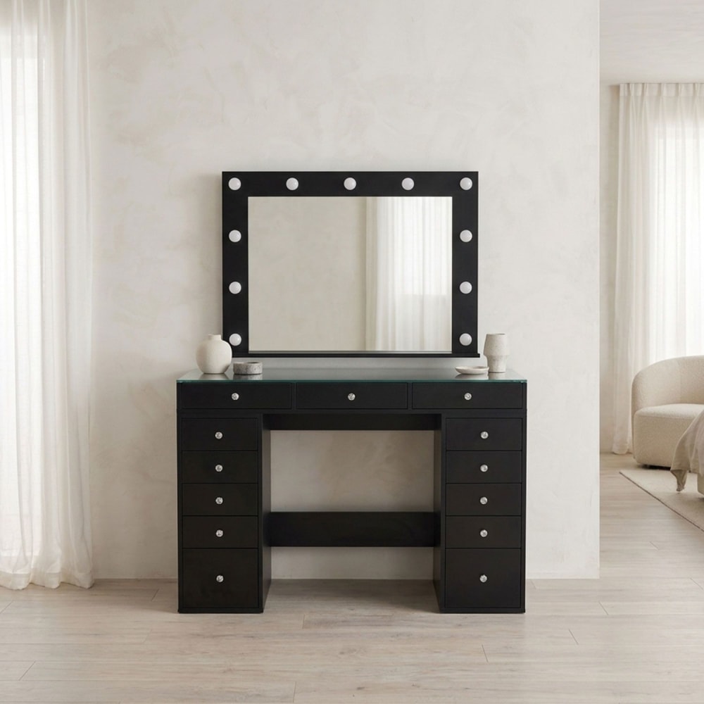 Coiffeuse moderne 13 tiroirs avec miroir lumineux et plateau en verre