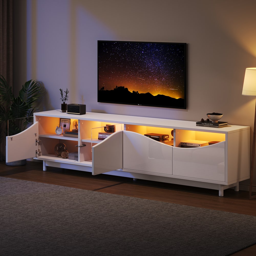 mueble tv brillo con puertas de cristal y led 175x38 cm blanco