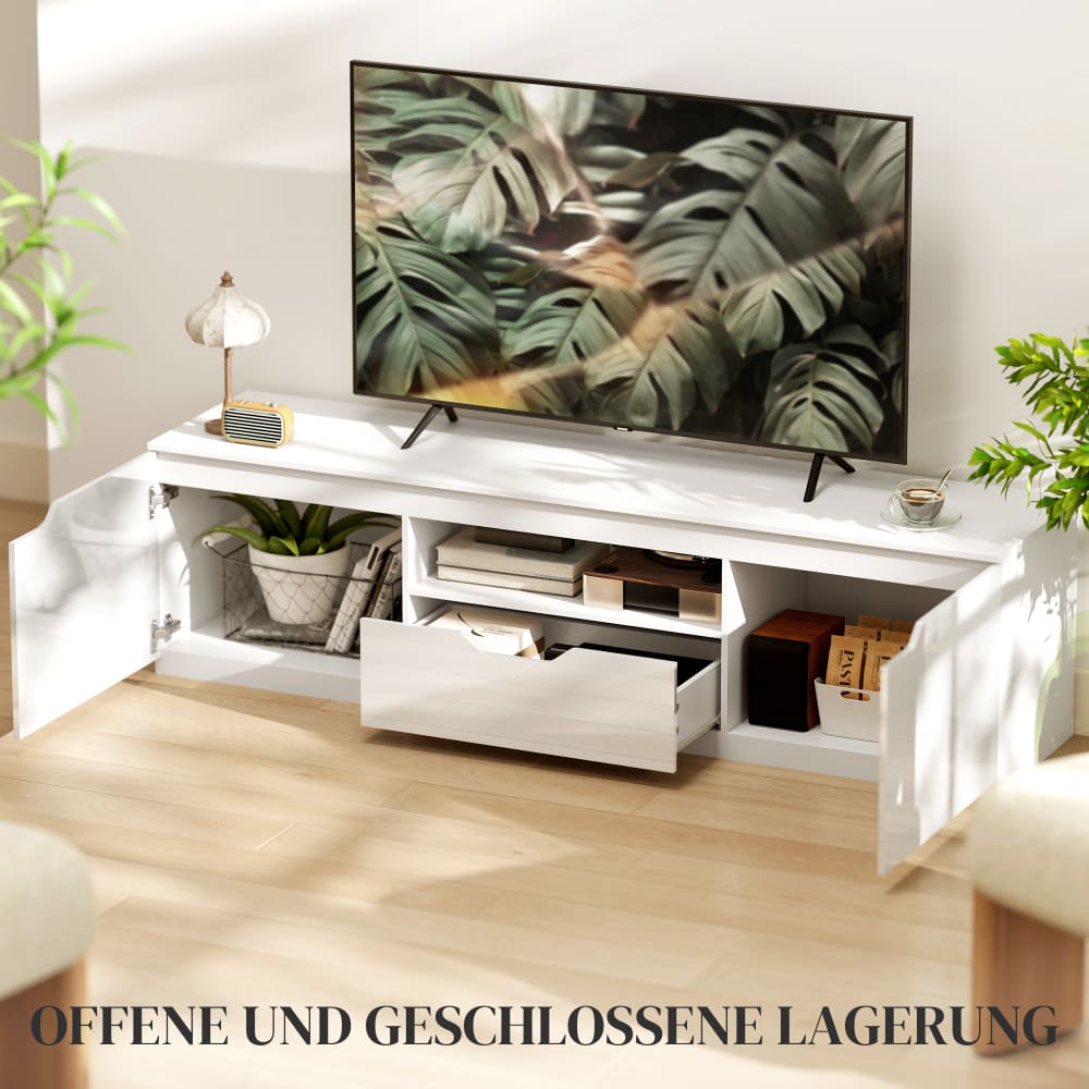 TV Lowboard mit 2 Türen, Schublade & Kabelmanagement 160 cm, Weiß