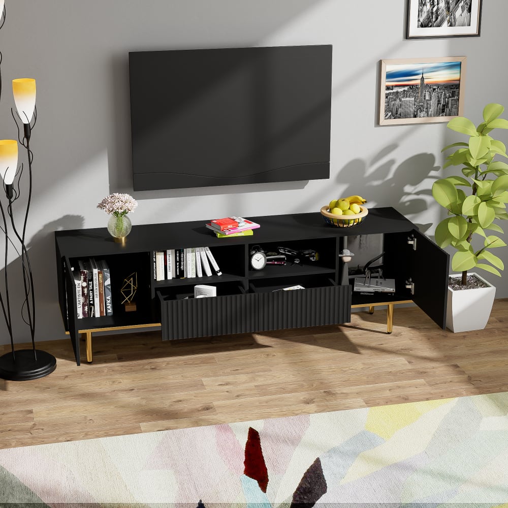 MODFU TV-Schrank mit 2 Schubladen Metallbeinen 165 cm, schwarz style modern - Spanplatte