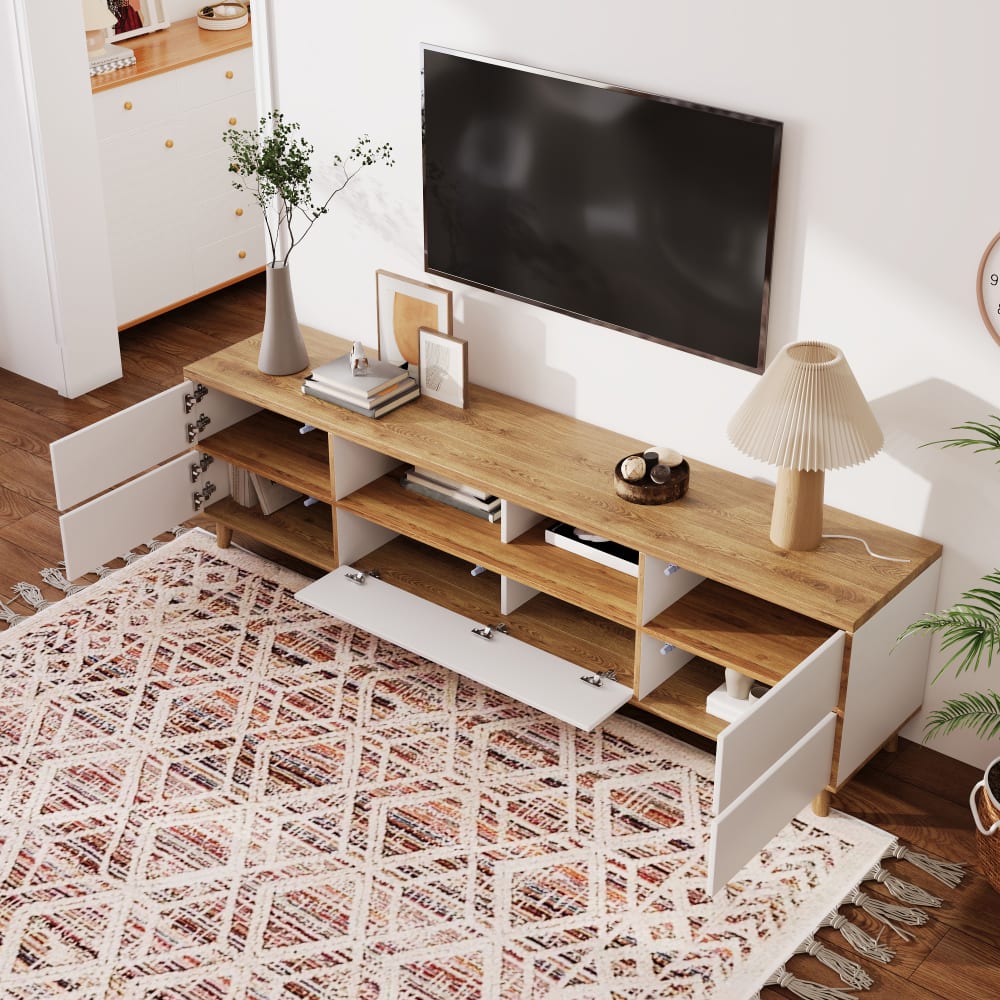 MODFU TV-Lowboard mit Türen und Fächern 175 cm Holzfüße, Weiß style modern Weiß Spanplatte