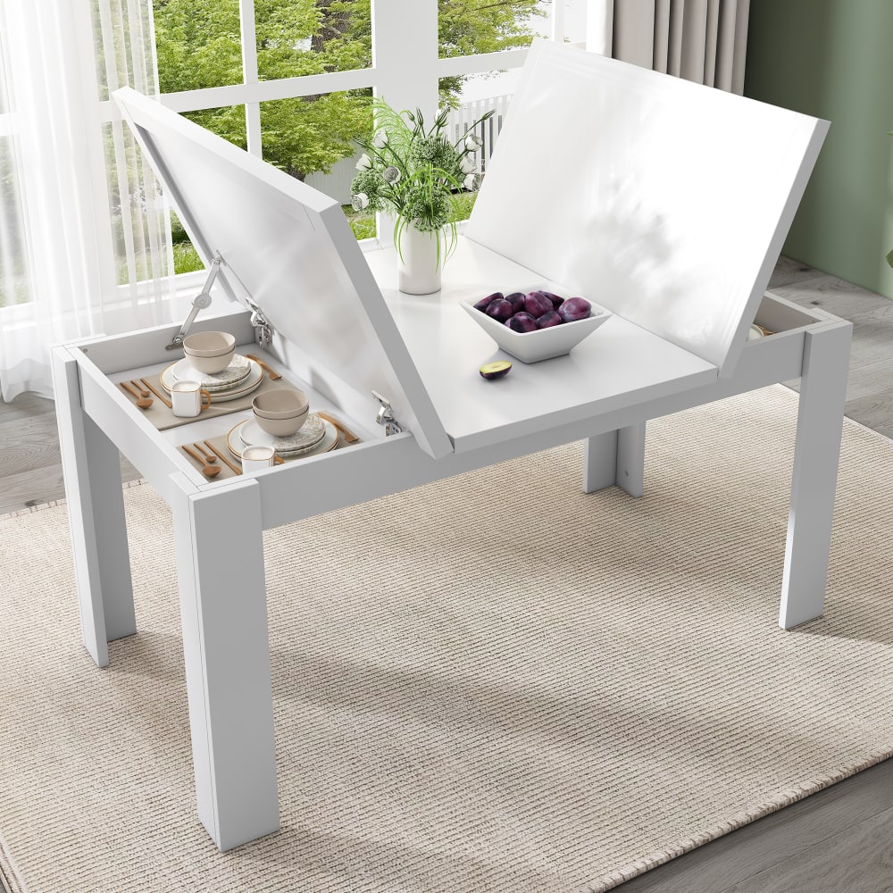 Esstisch mit Klappplatte & Stauraum, rechteckig 120 cm, Weiß -