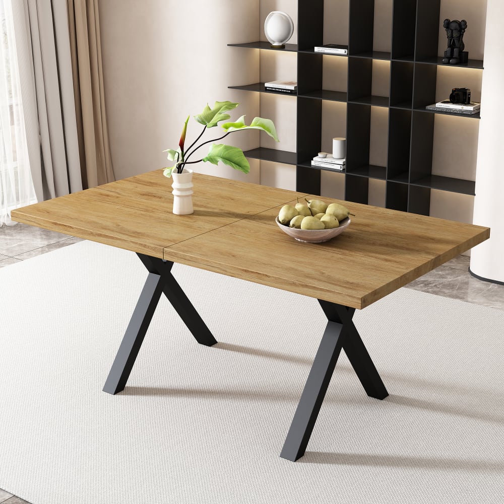 MODFU Esstisch mit Kreuzbeinen Metall, 140 cm, Eiche style modern Braun Spanplatte