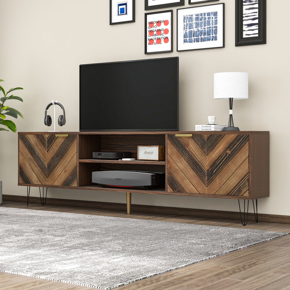 Meuble tv bas à 2 portes, poignées dorées, 155 cm, naturel
