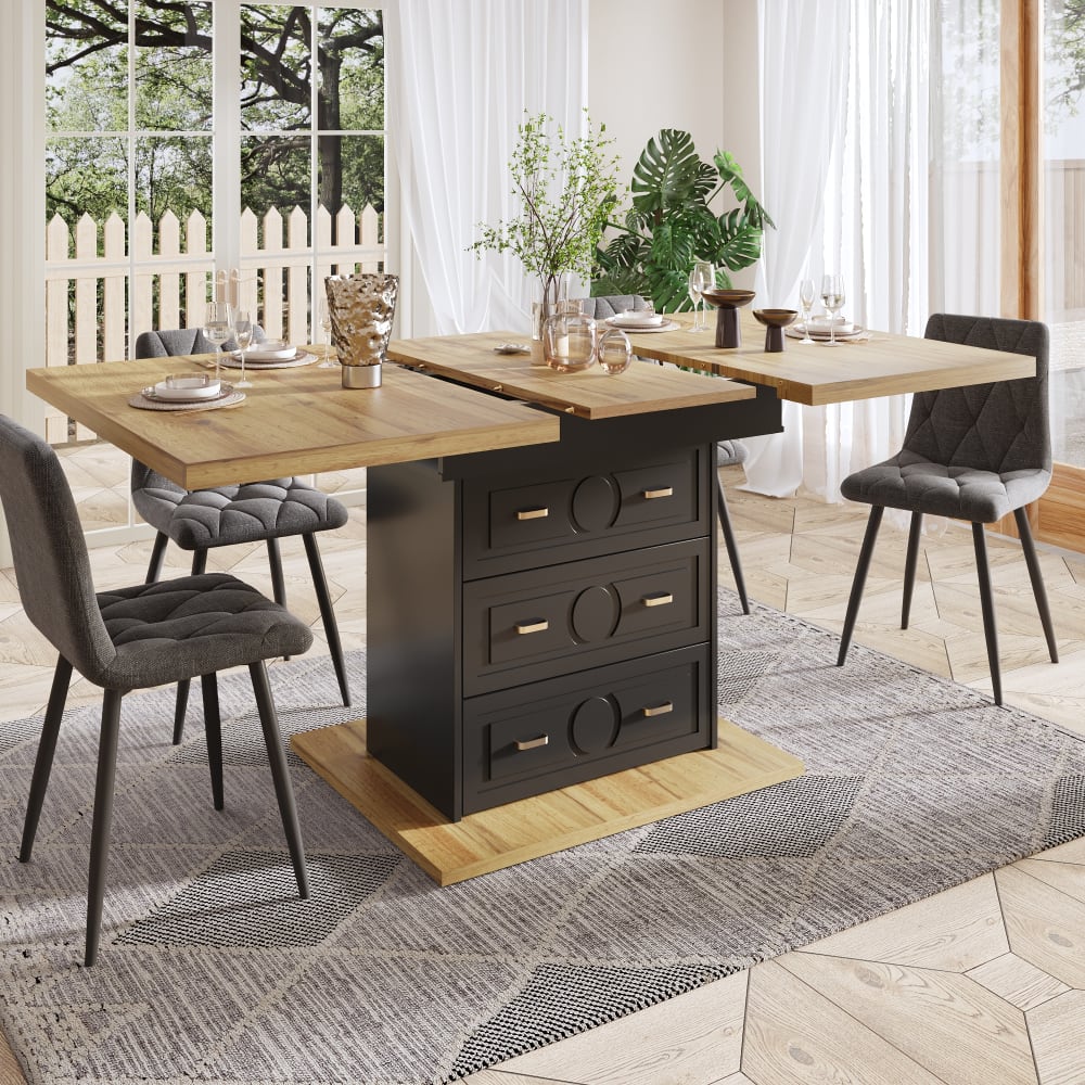Ausziehbarer Esstisch mit 2 Schubladen, Metall 110-140x80x75 cm,