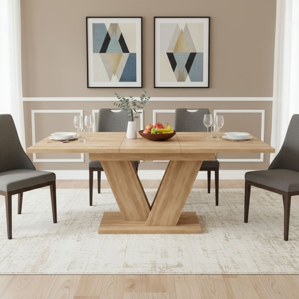 Ausziehbarer Esstisch mit V-Beinen 140/180x80 cm, Eiche - Maisons