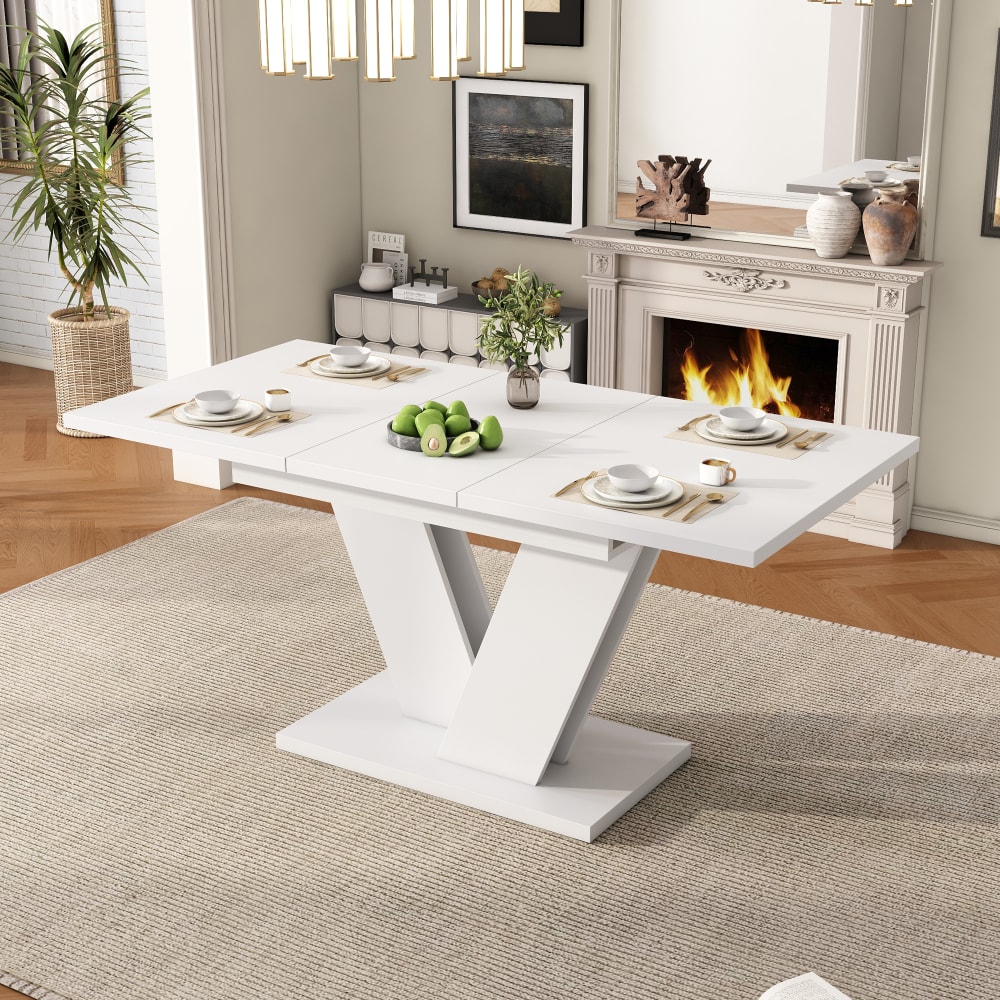 Ausziehbarer Esstisch mit V-Beinen Metall 120/160x80 cm, Weiß -