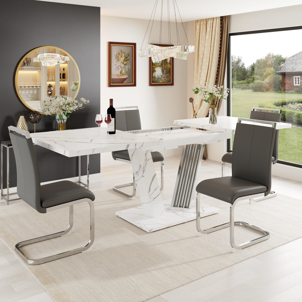 MODFU Ausziehtisch Marmoroptik, Schmetterlingsgestell 120-160 cm weiß style modern - Spanplatte