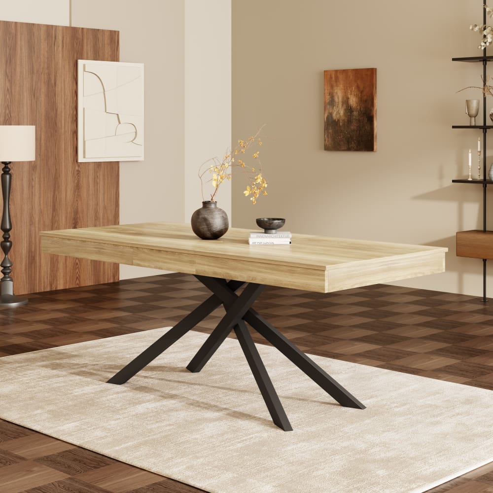 MODFU Ausziehbarer Esstisch mit Kreuzbeinen 140–180x80 cm, Eiche style modern Braun Spanplatte