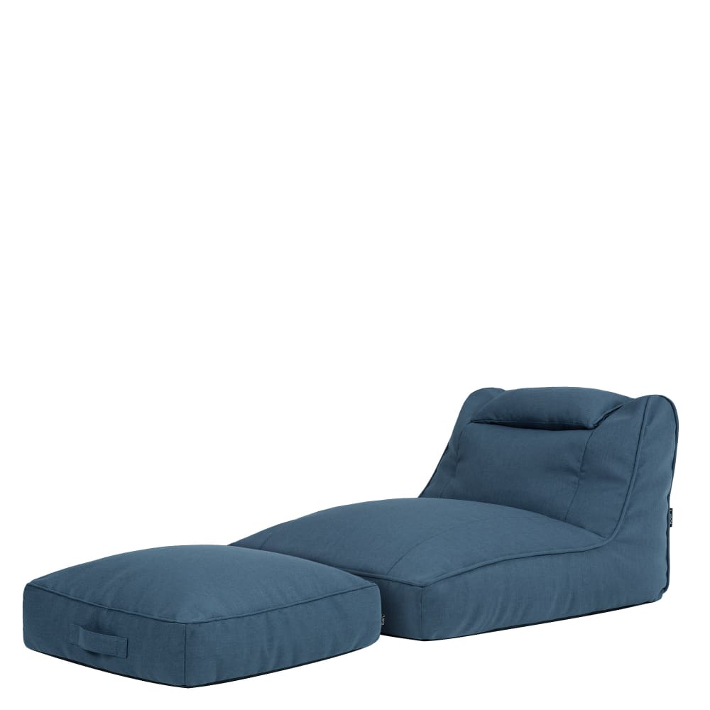 Pouf chauffeuse et coussin de sol en oléfine imperméable bleu denim