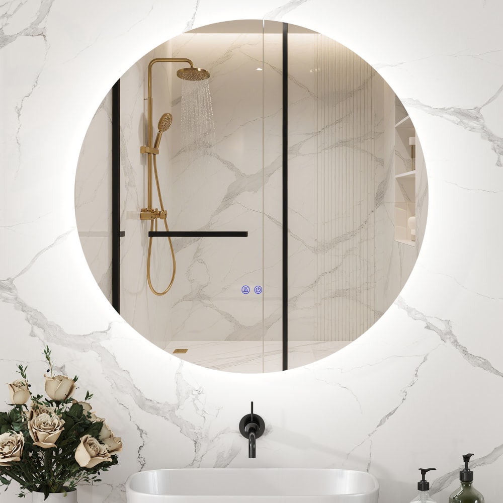 Miroir rond lumineux led système antibuée verre blanc et argent — vue 3
