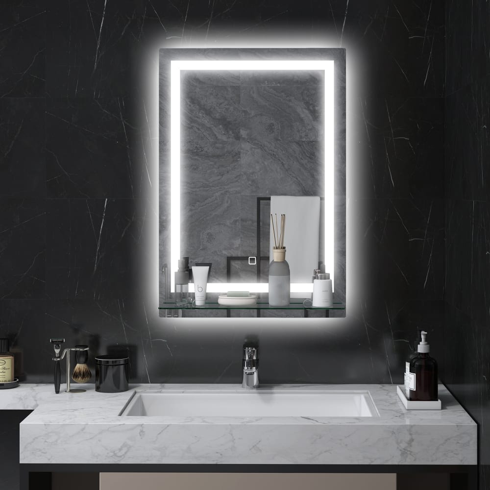 LED-Spiegel mit Glasregal, silber & rechteckig - Maisons Du Monde