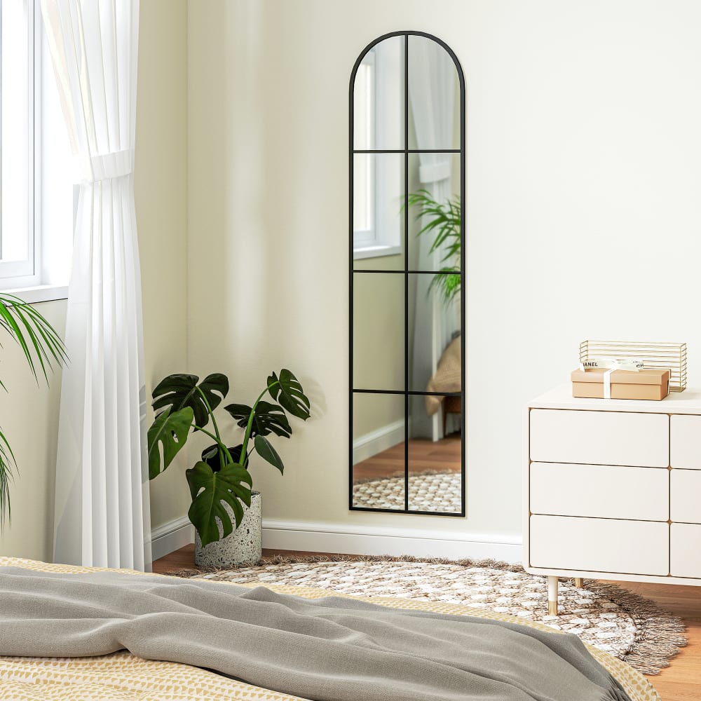 Grand miroir mural ou sur pied fenêtre arquée cadre en méta noir
