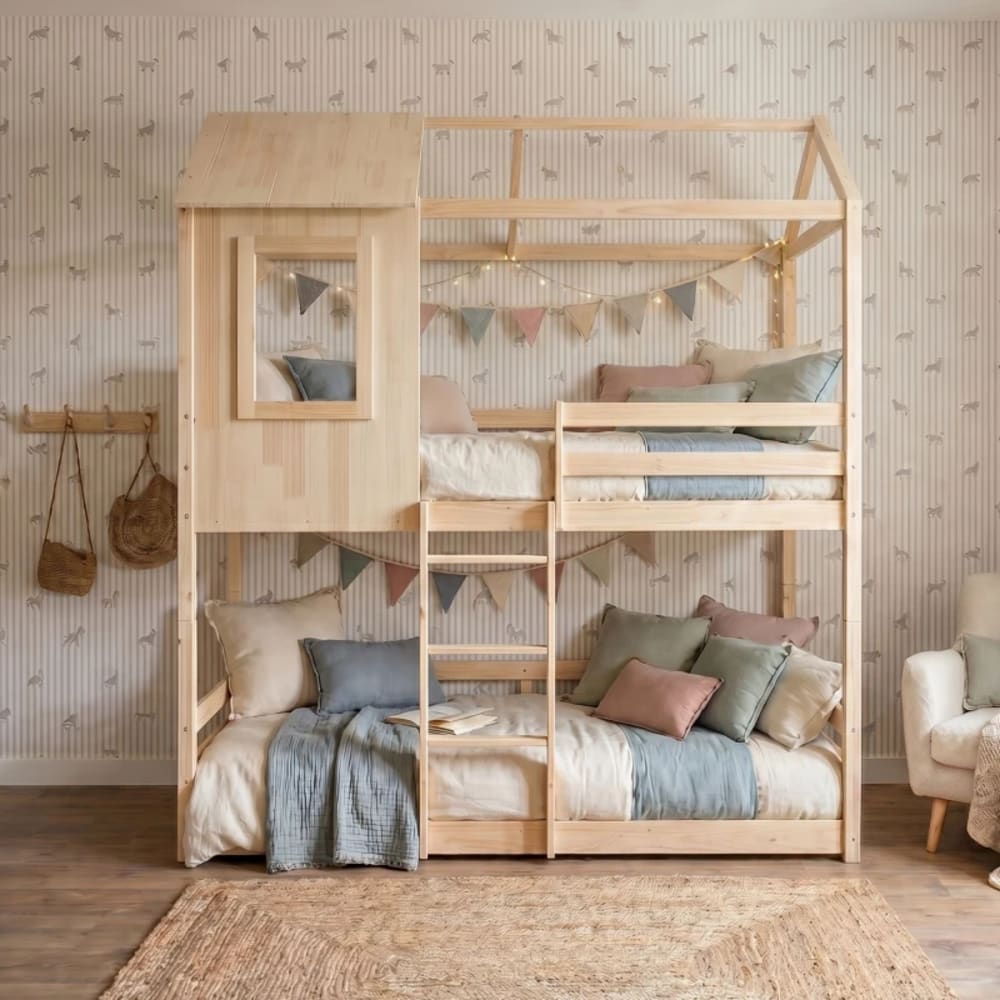 Etagenbett Montessori Häuschen teilbar Holz beige 90x190/90x190cm