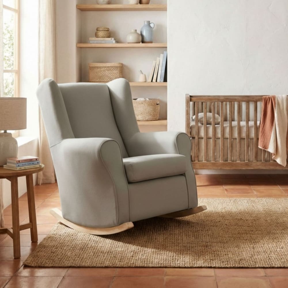 Fauteuil à bascule avec pieds bois polyester gris 95x81x104cm