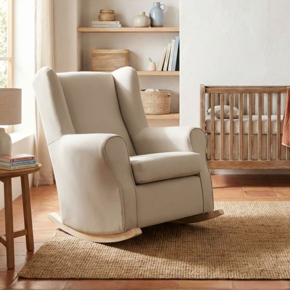 Fauteuil à bascule avec pieds bois polyester beige 95x81x104cm