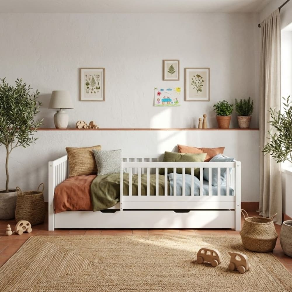 Mitwachsendes Bett + Schublade Holz weiß 90x190cm - Maisons Du
