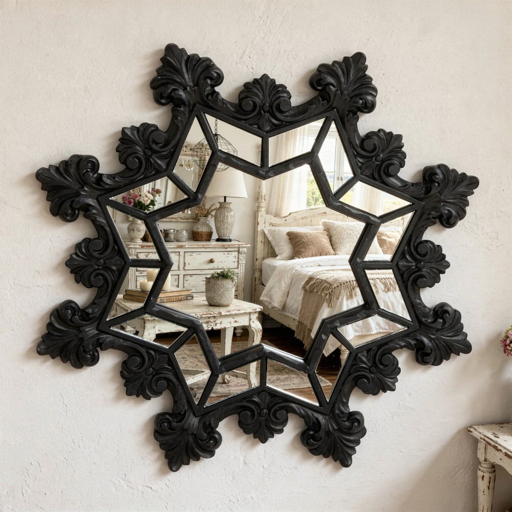 Oktogonaler Barock-Spiegel in Flockenform Schwarz matt - Maisons