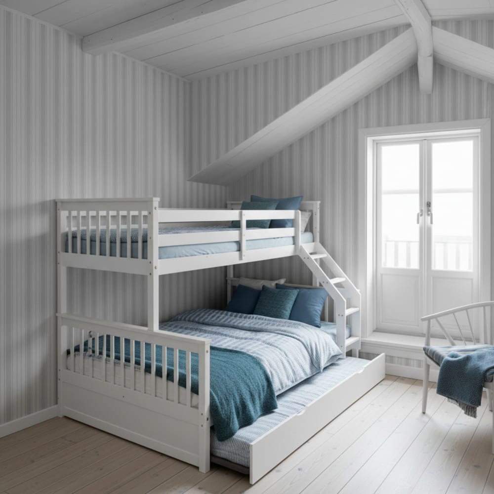 Lit superposé triple + lit relevable 90 bois blanc 135x190/90x190cm