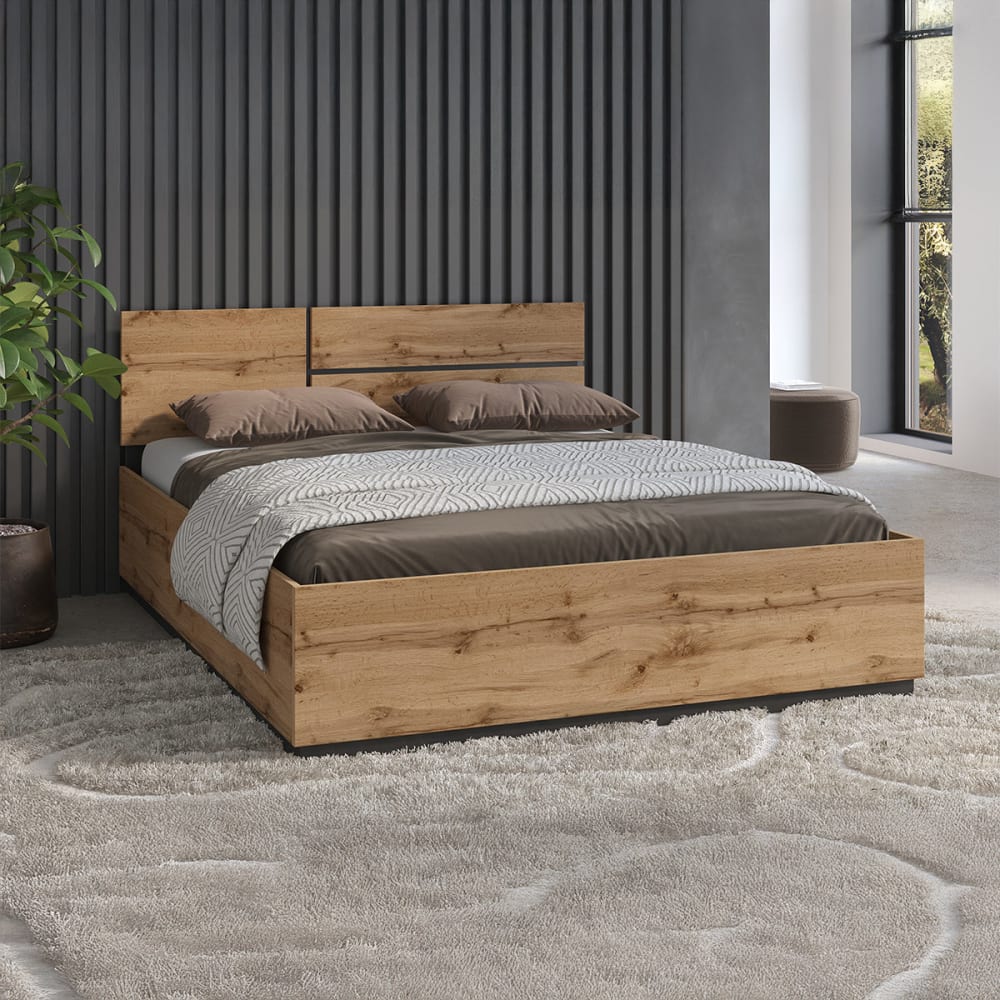 Lit coffre 160x200 sommier inclus panneaux stratifiés marron Lit coffre 160x200 sommier inclus panneaux stratifiés marron