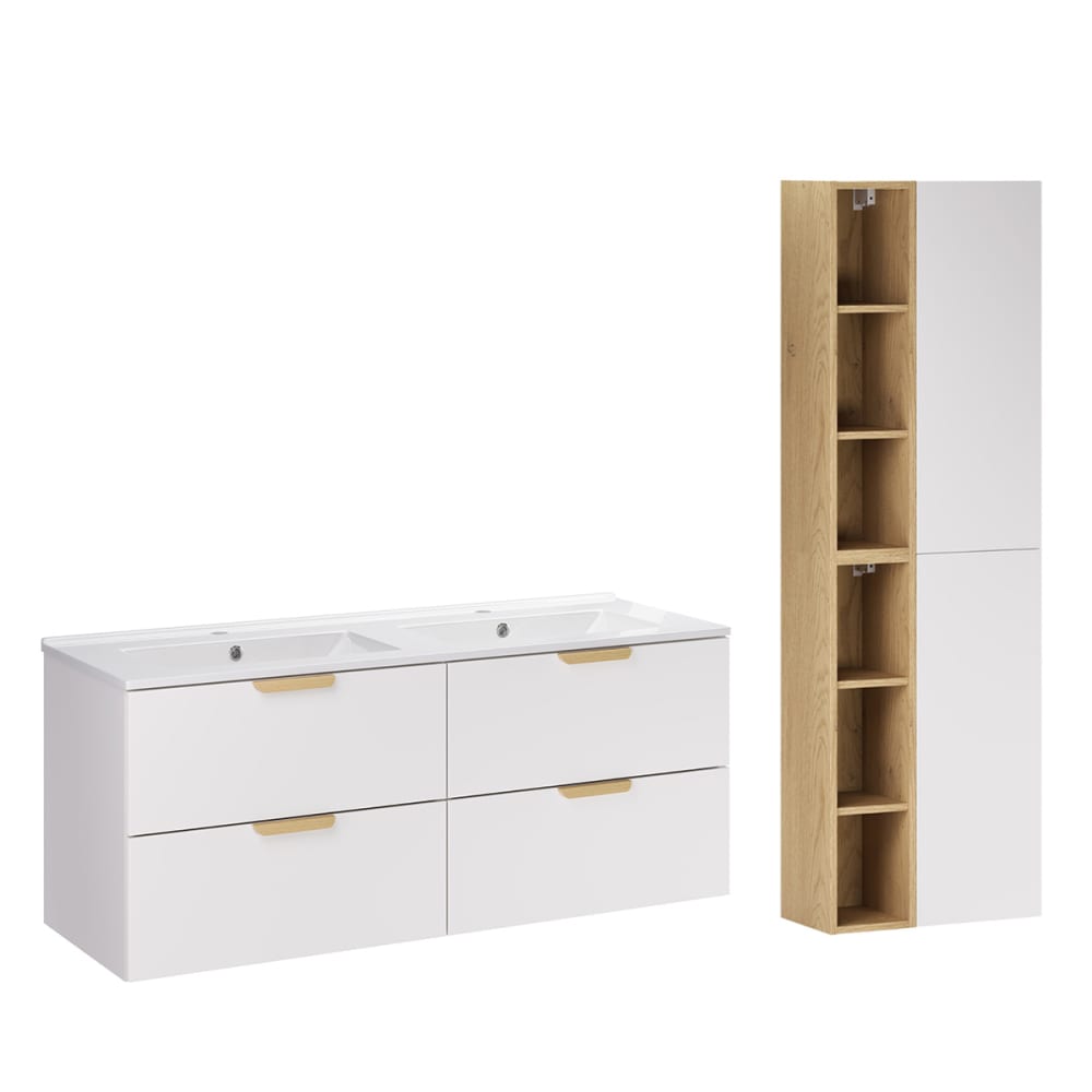 Ensemble meuble double vasque encastrée colonne stratifiés blanc