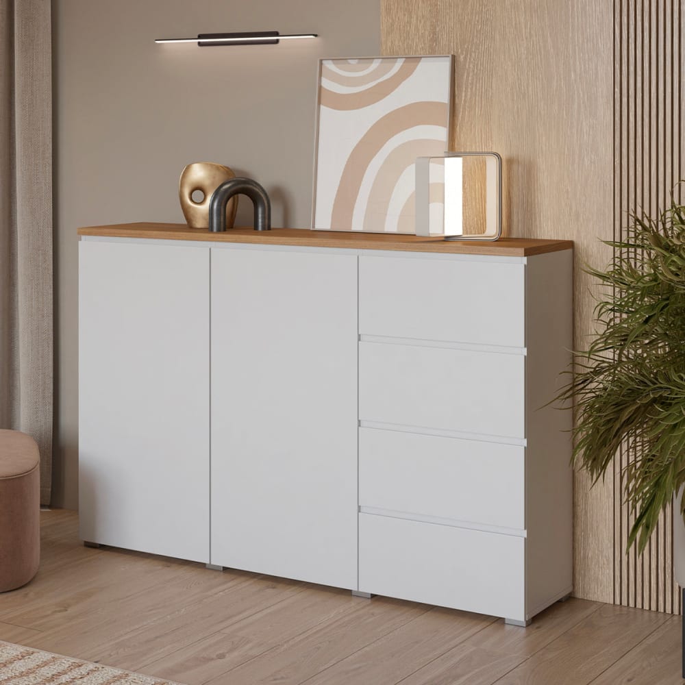 Sideboard 2 Türen 4 Schubladen Laminierte Platten Weiß und Holz -