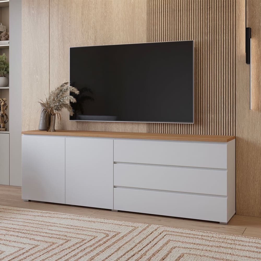 Langes Sideboard 2 Türen 3 Schubladen Laminierte Platten Weiß und