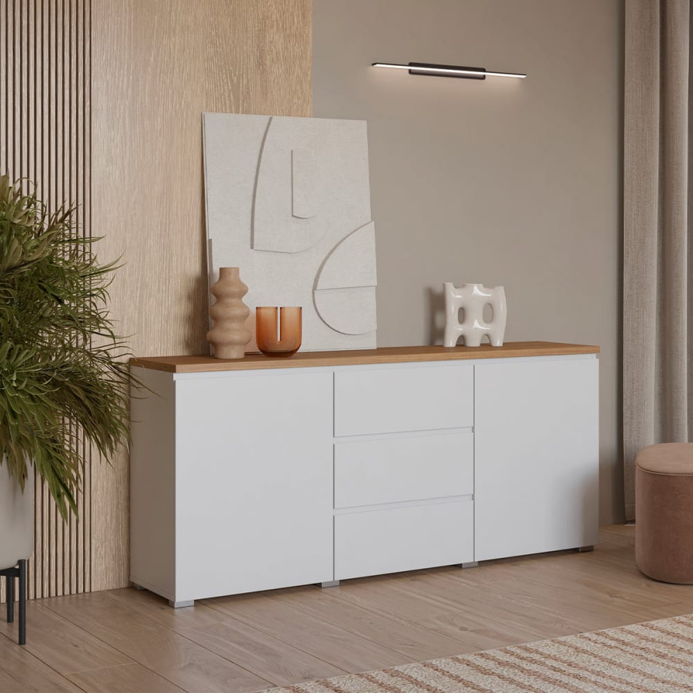 Sideboard 2 Türen 3 Schubladen Laminierte Platten Weiß und Holz -