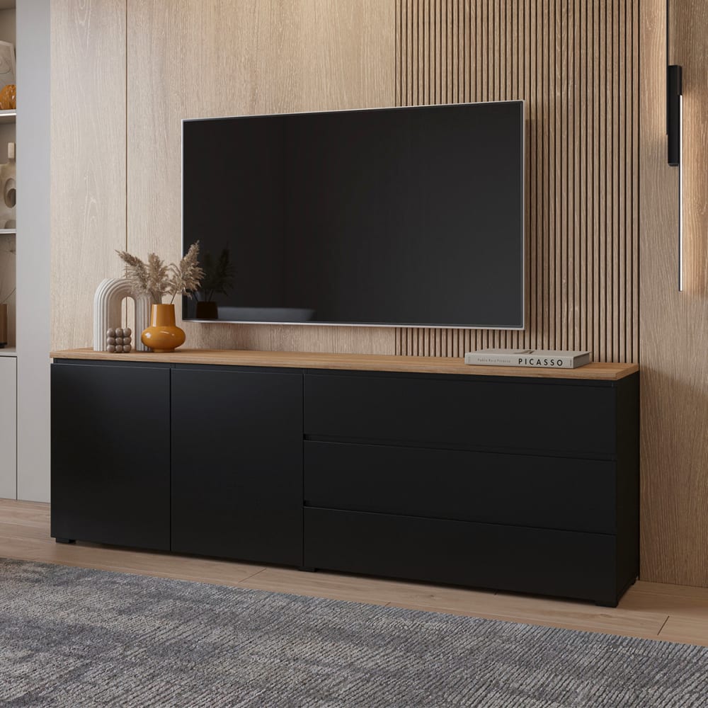 Langes Sideboard 2 Türen 3 Schubladen Laminierte Platten Schwarz