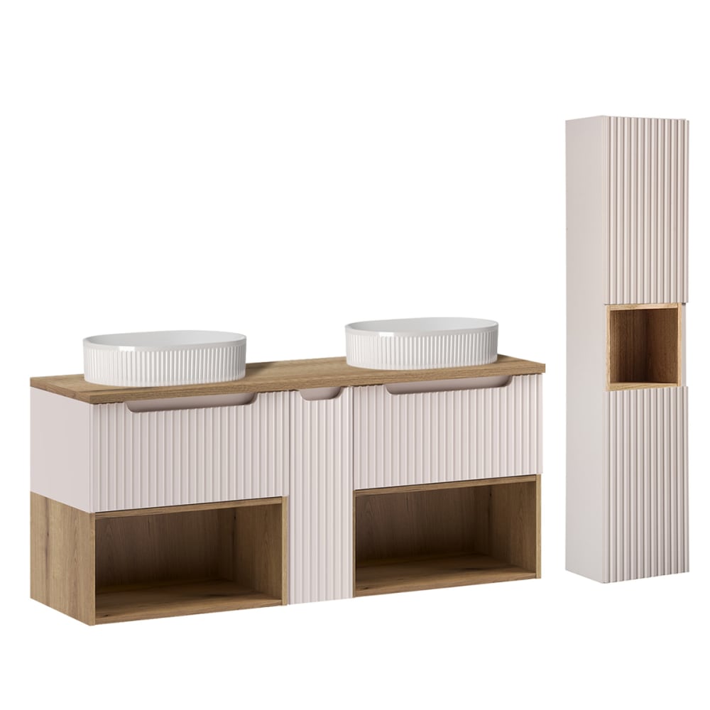 Ensemble meuble double vasque colonne stratifiés beige